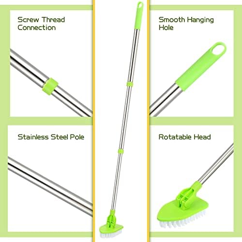 Scrub Cleaning Brush with Long Handle 2 in 1 Extendable Bathroom Floor Brushes with 2 Stiff Bristles and 4 Sponge with Long Handle Detachable Tile Lightweight Cleaner for Bathtub Shower
