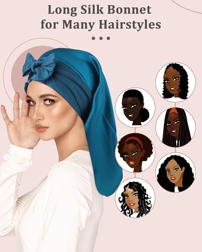 AWAYTR 100% Mulberry Silk Bonnet - Long Hair Cap for Sleeping Tie Band Bonnet for Braids Curly Hair
