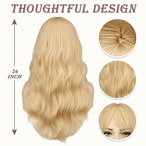 BARSDAR Long Wavy Blonde Wig With Bangs - 26 Inch Long Wavy Blonde Wig with Bangs for Women - Thick Soft Synthetic Hair Replacement Wigs Natural Looking Daily Cosplay Party Halloween