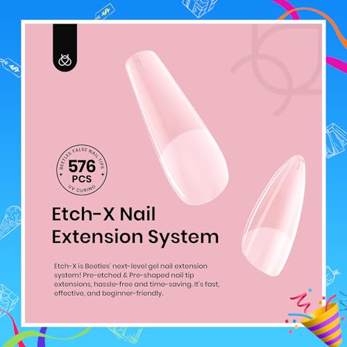 Beetles Medium Almond Nail Tips 576pcs 12 Sizes, Pre-Etched Soft Gel Nail Tips Half Matte Full Cover False Nail Tips Clear Acrylic Nails Glue on Nails DIY Nail Extension Gift for Women