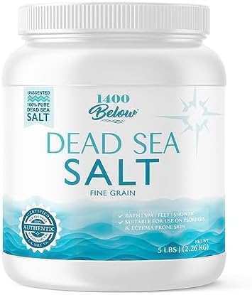 1400 Below 5 Lbs Jar Dead Sea Salt, Fine Grain - Foot and Spa Bath Soak, Exfoliating Body Scrub, 100% Pure and Mineral-Rich, Highest Mineral Content – Natural Muscle Tension Relief