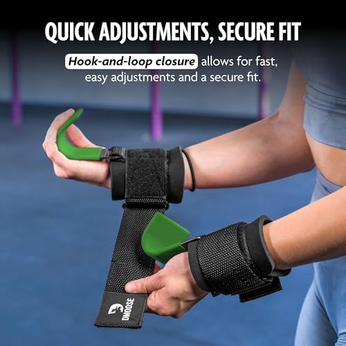 DMoose Weight Lifting Hooks (Pair), Hand Grip Support Wrist Straps for Men and Women, 8 mm Thick Padded Neoprene, Deadlift, Powerlifting, Pull up bar, Liftups, Shrugs (Green (Flat Hook))