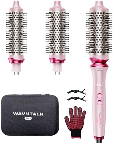 Wavytalk Heatwave Pro Ionic Thermal Brush Set, Dual Voltage 3-Size Heated Round Brush for Short to Long Hair, Bilateral Negative Ions for Frizz-Free Shiny Blowout, Pink