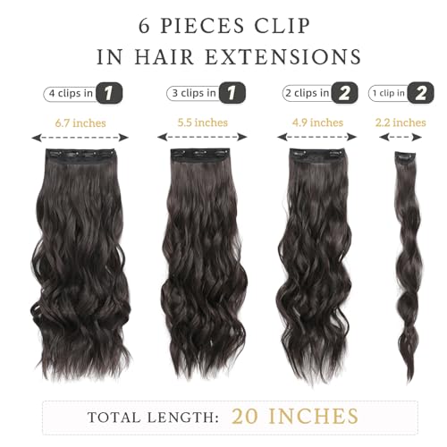 Clip in Hair Extensions, 6 PCS Natural & Soft Hair & Blends Well Hair Extensions, Dark Brown Long Wavy Hairpieces(20inch, 6pcs, Dark Brown)
