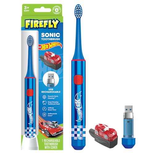 Firefly Slim Sonic Hot Wheels Toothbrush with USB Charging and Antibacterial Cover, Ages 3+, 1 Count
