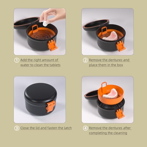 ARGOMAX Leak Proof Retainer Cleaner Case, Denture Cups for Soaking Dentures, Denture Travel Case (Black + Orange).