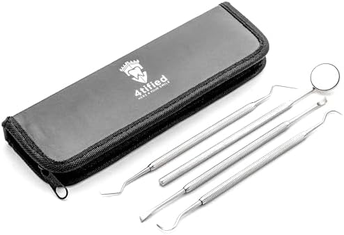 4tified Dental Tools Hygiene Kit 4 PCS French Stainless Steel Professional Teeth Cleaning Home Use Plaque Calculus Removal Tartar Scraper Scaler Fogless Mirror Dental Pick Vegan Leather case