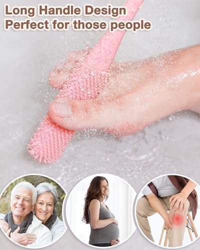 4 Pack Toe Cleaning Brush Set,Long Handle Bath Toe Brush Scrubber Bathroom for Seniors Elderly Men and Women (Pink)