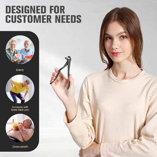 FERYES Ergonomic Non-Slip Long Handle Nail Clippers for Seniors, Unique Angled Head Curve Wide Jaw Opening Toenail Clipper with Catcher for Thick Toenails and Fingernails