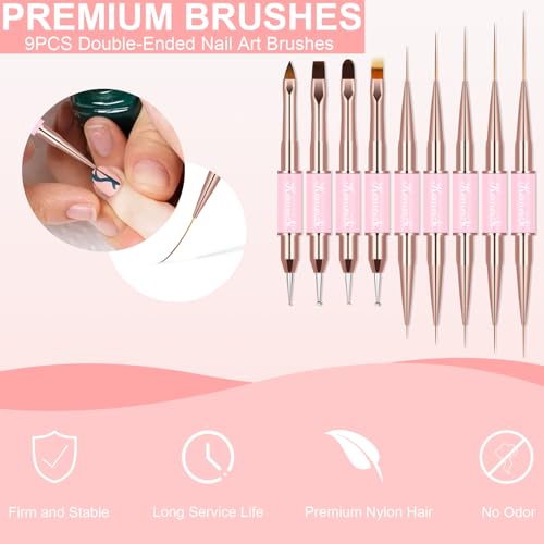 Nail Art Brush Set, 9PCS Double-Ended Acrylic Liner Brush Dotting Pen for Gel Polish, Nail Design Tools for Professional Manicure DIY Home Salon
