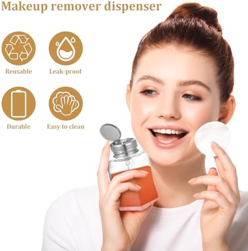 3 Pcs Clear Pump Dispenser Bottle Push Dispenser with Metal Flip Cap 180ml Glass Dispenser Pressure Container Refillable for Dispensing Nail Polish Remover Alcohol Toner and Makeup Remover