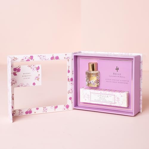 Lollia Relax Fragrance Story Gift Set – .16 fl. oz. Eau de Parfum & .33 oz. Petite Treat Handcreme – Lavender & Honey – Shea Butter Hand Cream for Women, Travel Size Perfume, Hand Lotion for Dry Hands