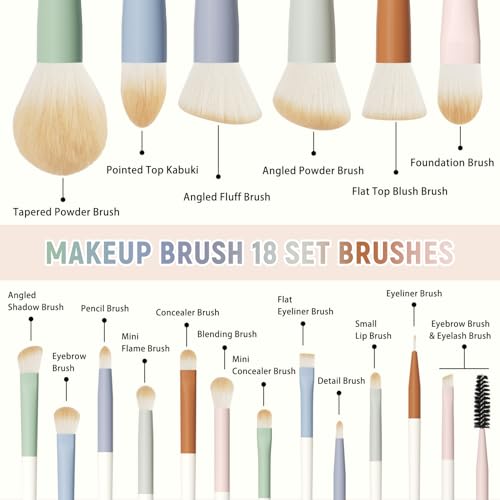 Colorful Series 18-Pcs Makeup Brush Set with Soft, Cruelty-Free Synthetic Bristles, Wooden Matte Handles, 2 Latex-Free Makeup Sponges & Travel Storage Bag – Face & Eye Brushes for Makeup