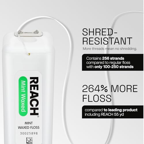 REACH Waxed Dental Floss, Mint, Plaque Remover for Teeth, Shred Resistant, Floss Slides Smoothly, Easy to Use, Waxed, Deep Cleaning Teeth, Oral Care, PFAS Free, for Adults & Kids, 6 Pack, 200 yd
