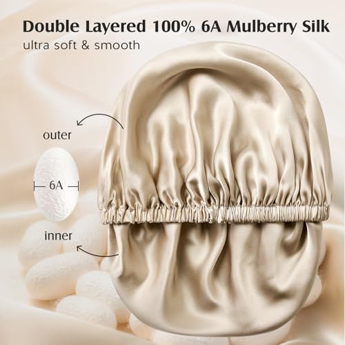 YFONG Double Layered 100% Silk Bonnet for Sleeping Women, 22 Momme Pure Mulberry Silk Sleep Cap with Adjustable Elastic Band Stay On Head，Reduce Frizz, Keep Hairstyle, Soft & Breathable, Champagne, M