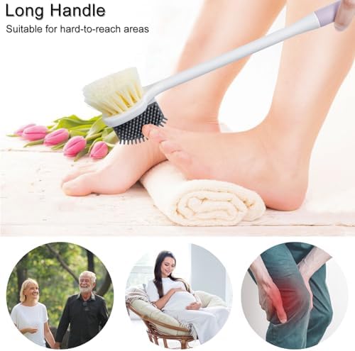 Foot Scrubber Toe Cleaning Brush, 3 Pack Shower Foot Scrubber with Long Handle, Double-Sided Silicone and Soft Bristle Brush for Skin Exfoliation, Seniors, Adults, Grey Purple Green