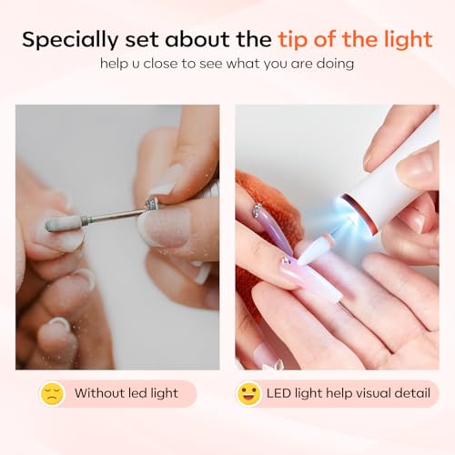 Modelones Electric Nail Drill, 14 Pcs Cordless Nail File with LED Light for Acrylic Gel Dip Powder Nails, Professional Nail Efile Kit with Nail Drill Bits & Sanding Bands for Quick Manicure Pedicure