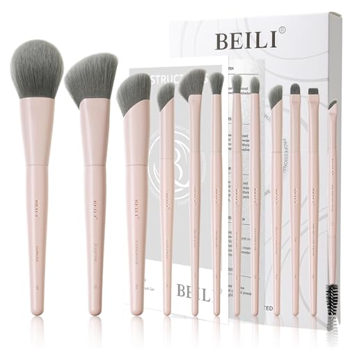 BEILI Makeup Brush Set, Pink Makeup Brush Set, 12 Vegan Makeup Brushes for Powder Foundation, Concealer, Eyebrows, Eyeshadow, Contour, Eyeliner, Blender Eye Brush
