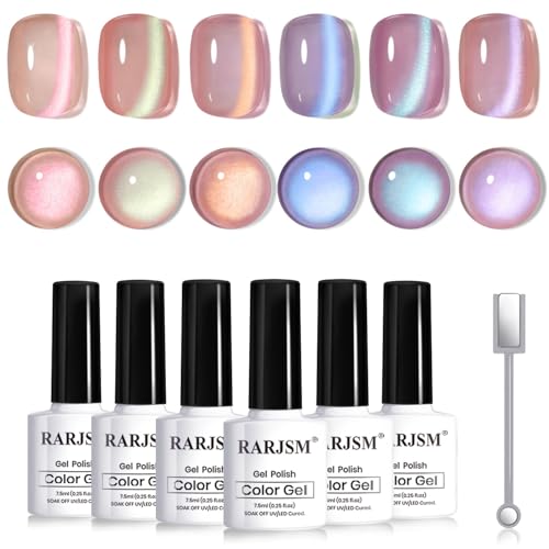 RARJSM Nude Pink Purple Aurora Cat Eye Gel Nail Polish Set 6pcs Reflective Sparkly Diamond Ceramic Glitter Glass Cateye Gelpolish with Magnet Stick 7.5ml Curing Requires Soak Off for Home Salon
