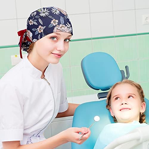 8 Pieces Scrub Caps with Buttons Bouffant Hats with Sweatband Adjustable Ponytail Holder for Women