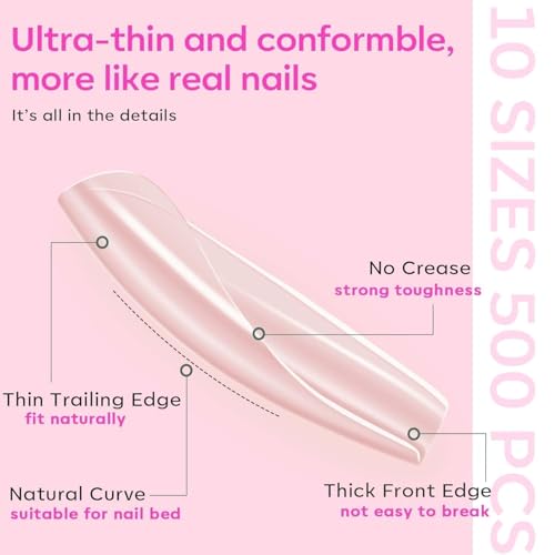 modelones Gel Nail Kit, Fake Nails Long Coffin, 9-in-One Glue Prep Dehydrator & Portable Mini U V Light Acrylic Clipper, 500Pcs Coffin Tips for Extension Kit DIY Salon Home Gifts for Women