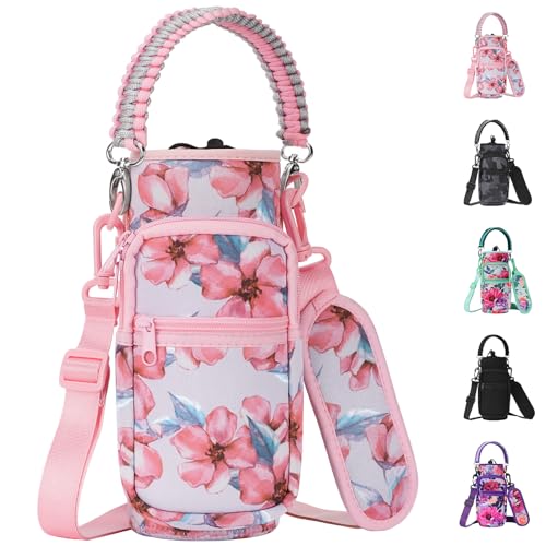 AceTreker 40 oz Neoprene Water Bottle Holder with Strap for Insulated Metal Hydro Jug Water Bottles, Sleeve Carrier Bag for Camping Trip-Pink Flowers