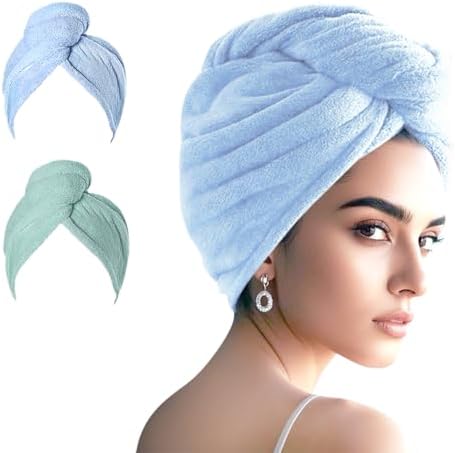2 Packs Single Layer Microfiber Hair Turbans - Drying Wrap for Women (Blue,Light Green)