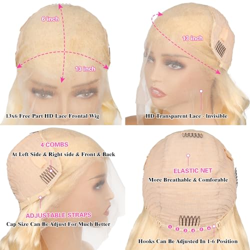 613 13x6 Lace Front Wig Human Hair 200 Density Body Wave Blonde Lace Front Wigs Human Hair 28 Inch Full & Thick 613 HD Lace Frontal Wig Pre Plucked with Baby Hair for Women.
