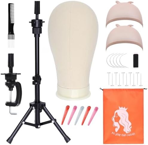 PWEOUKE 22 Inch Canvas Wig Head with Stand for Wigs ,Height Adjustable Wig Stand Tripod with Canvas Block Wig Head,Manikin Head Block Set for Cosmetology with Wig Stand and Storage Bag 22 Inch