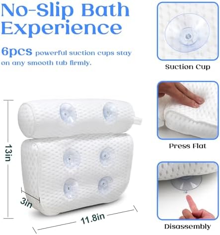 Bath Pillow, Bathtub Pillow with Anti-Slip Suction Cups, 4D Mesh Soft Spa Bath Tub Pillow Headrest, Bath Pillows for Tub with Neck and Back Support Fits Bathtub Spa Tub Jacuzzi, Fathers Day Dad Gifts