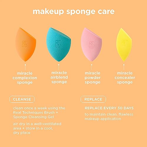 Real Techniques Miracle Complexion Sponge + Concealer Sponge Duo, Makeup Blending Sponges For Foundation & Concealer, Offers Light To Medium Coverage, Natural, Dewy Makeup, Latex-Free Foam 2 Count