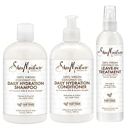 SheaMoisture Shampoo & Conditioner + Leave-in Treatment, Daily Hydration with Coconut Oil, Hair Detangler, Frizz Control, Cruelty-Free (3 Piece Set)