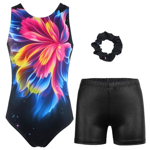 MODAFANS Gymnastics Leotards for Girls with Shorts Ballet Dance Set Activewear Dazzling Flower,4-5Years