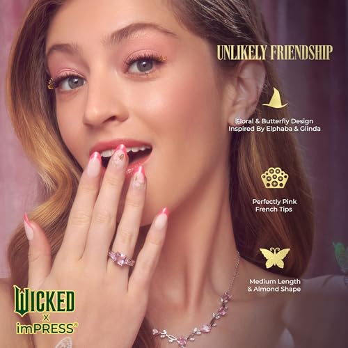 WICKED X imPRESS Press On Nails, New Improved Adhesive, Up To 10 Day Hold, ‘Unlikely Friendship’, Pink, Medium Almond, Includes 30 Fake Nails, 1 Prep Pad, 1 Manicure Stick, 1 Mini File