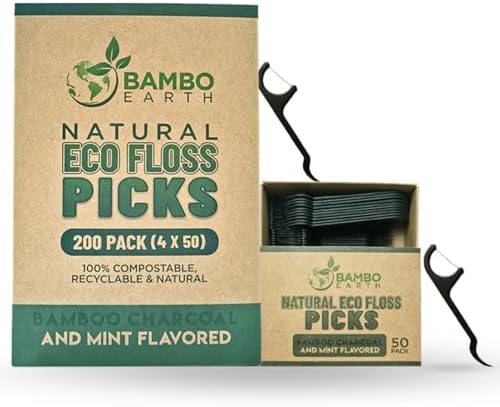 Natural Dental Floss Picks - Eco Friendly Cruelty Free & Vegan Tooth Flossers Pick Set with BPA Free Handle & Zero Waste Packaging - 200 Pack (Bamboo Charcoal Flavored)