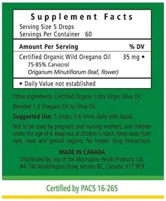 Joy of the Mountains Oil of Oregano Liquid With Dropper Cap | Wild Mediterranean, Certified Organic Oil of Oregano | 10ml - 0.34 fl. oz. Liquid per bottle (Pack of 4 Bottles)