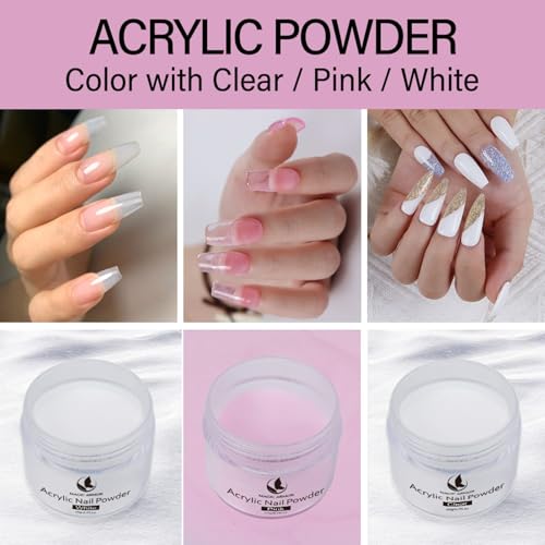Acrylic Liquid Monomer and Acrylic Powder Set - 3 Colors Acrylic Powder Clear Pink White Professional Acrylic Monomer Liquid 5oz Acrylic Nail System For Acrylic Nails (150ML+3 COLORS)