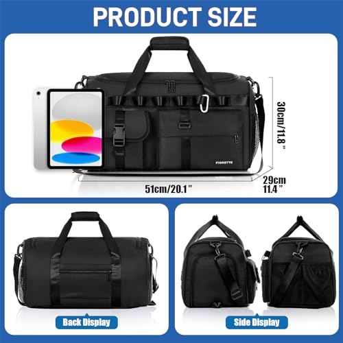 FIORETTO Women's Men's Water-Resistant Gym Duffle Bag with Shoes Compartment, 45L Capacity, Multi-Functional, Ideal for Travel, Gym, Sports, Weekender, Black