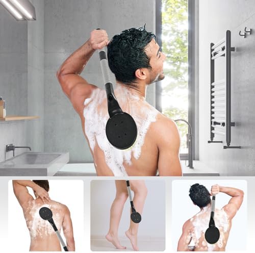 Back Scrubber Anti Slip for Shower, 21.7” Detachable Back Bath Brush for Shower, Back Scrubber, Exfoliation and Improved Skin Health for Elderly with Limited Arm Movement, Disabled (21.7” Black)