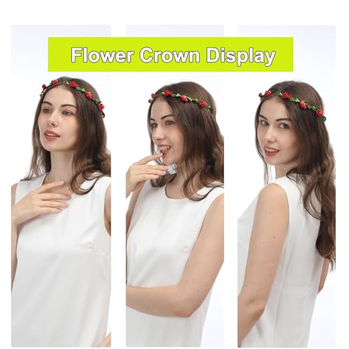 15 Pack Assorted Colored Rose Flower Crown Headband Garland Multicolor Headbands Wreath Floral Bohemian Headpiece for Vacation Fairy Party Wedding Festival