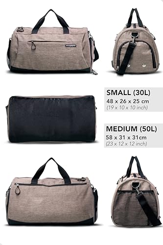 Fitgriff® Gym Bag V1 for Men & Women with Shoe & Wet Compartment - Duffle Bag for Travel, Sports, Fitness & Workout (Sand, 19 x 10 x 10″ (Small))