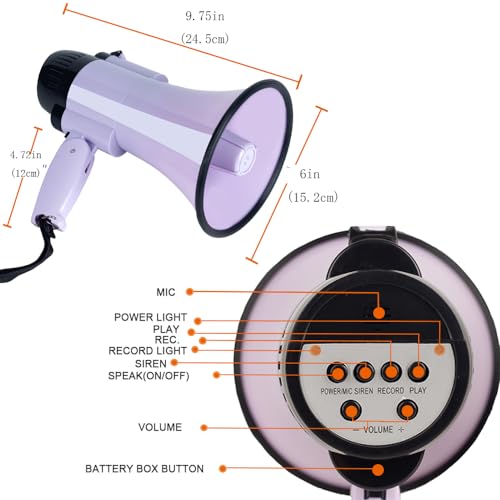 30 Watt Power Portable Megaphone Bullhorn Speaker Voice, Siren/Alarm and 240S Recording with Volume Control and Strap (Purple)
