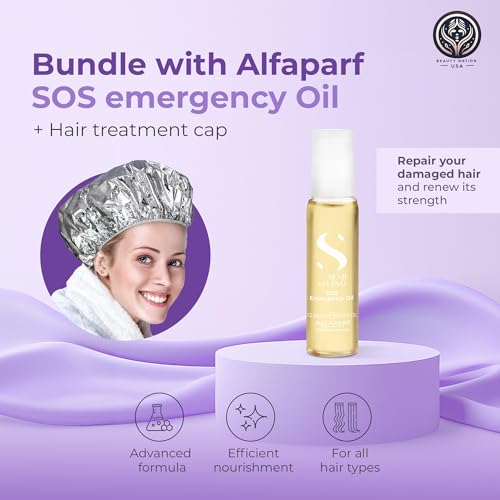Alfaparf SOS Reconstruction reparative Emergengy oil, treatment for Damaged hair, Hair breakage, Strengthening 6 vials Bundle with Conditioning treatment cap by Beauty Nation