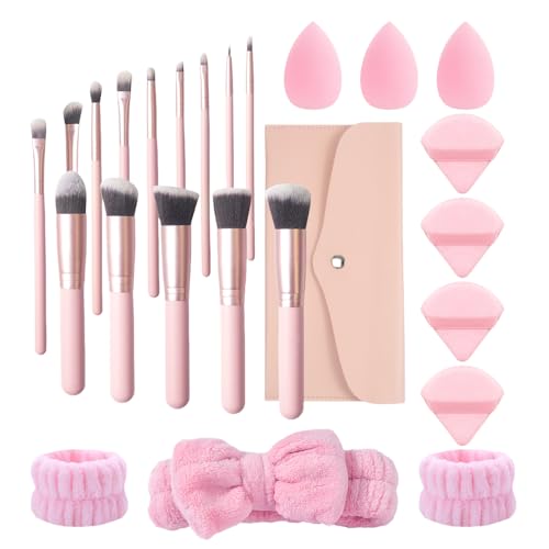 25Pcs Makeup Brush Sets with Wristbands and Headband, Including 14Pcs Makeup Brushes, 3Pcs Blender Sponge, 4Pcs Powder Puffs, Multi-functional Makeup Tool Set for Women and Girls (Pink)