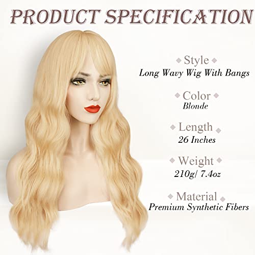 BARSDAR Long Wavy Blonde Wig With Bangs - 26 Inch Long Wavy Blonde Wig with Bangs for Women - Thick Soft Synthetic Hair Replacement Wigs Natural Looking Daily Cosplay Party Halloween