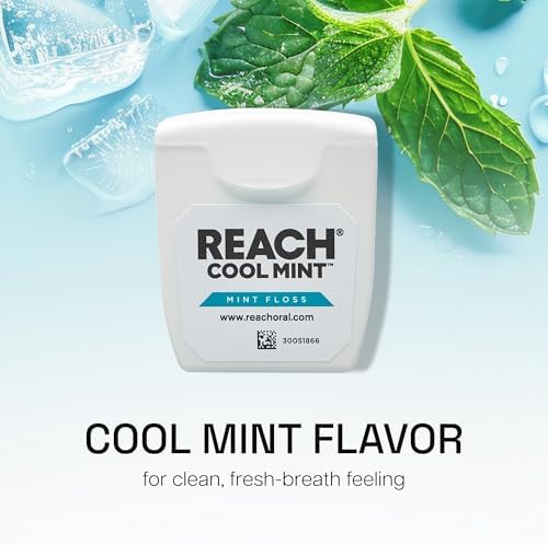 REACH Cool Mint Dental Floss, Fresh Mint, Plaque Remover for Teeth, Shred Resistant, Waxed, Easy on Gums & Teeth, Fresh Breath, Oral Care, PFAS Free, for Adults & Kids, 6 Pack, 55 yd