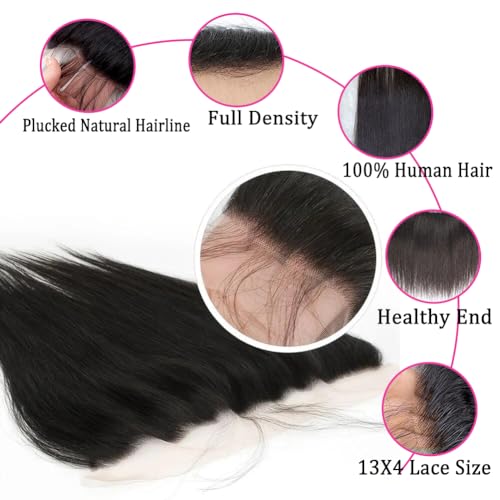 13x4 Lace Frontal Closure Straight Human Hair Ear to Ear HD Lace Frontal Closure Free Part Brazilian Straight Hair Extensions 150% Density Lace Frontal Human Hair Pre Plucked with Baby Hair 10 Inch
