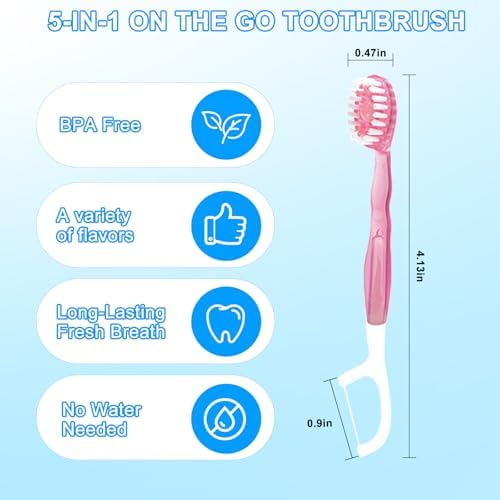 5 in 1 Toothbrush & Floss, 26Pcs mini toothbrushes with Toothpaste, All in one Oral Care on The go, 5 in 1 mini Brush, Toothpaste and Floss, Disposable Travel Toothbrush Set (1)