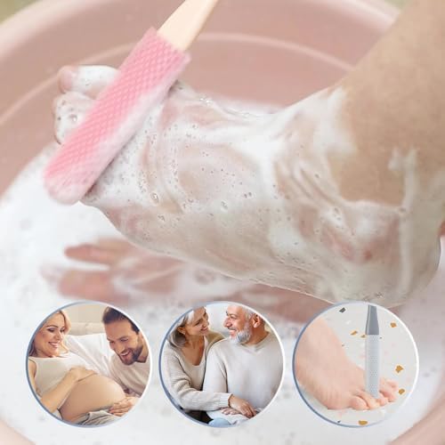 Toe Gap Cleaning Brush, 2025 New Silicone Long Handle Silicone Toe Gap Brush, 15.7" Foot Brushes for Shower, Foot Wash with Soft Exfoliating Brushes (Pink+Grey)