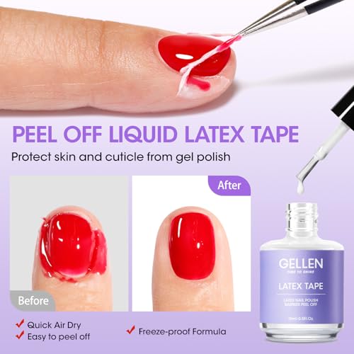 Gellen Gel Polish Remover Kit for Nails, 3-5 minutes Easy Quick Removal with Peel Off Liquid Latex Tape and Nail Strengthener Serum Repair Nourishing Thin Nails, No Need for Wrapping or Soaking